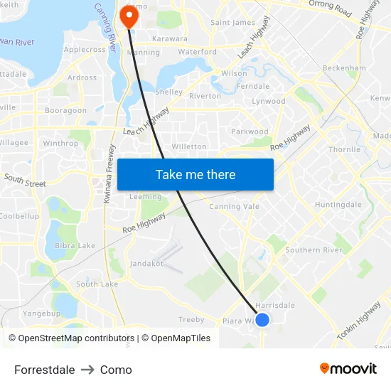 Forrestdale to Como map