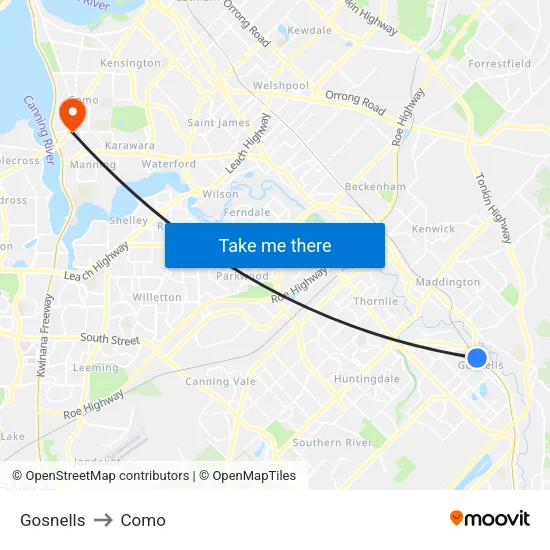 Gosnells to Como map