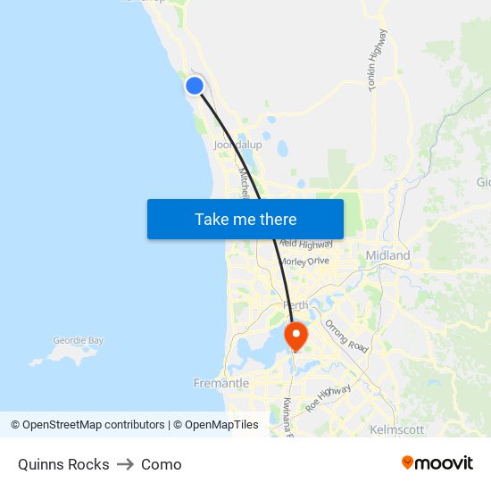 Quinns Rocks to Como map