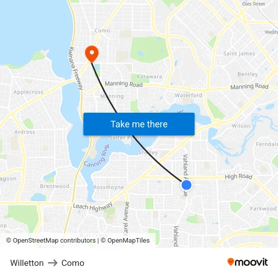 Willetton to Como map