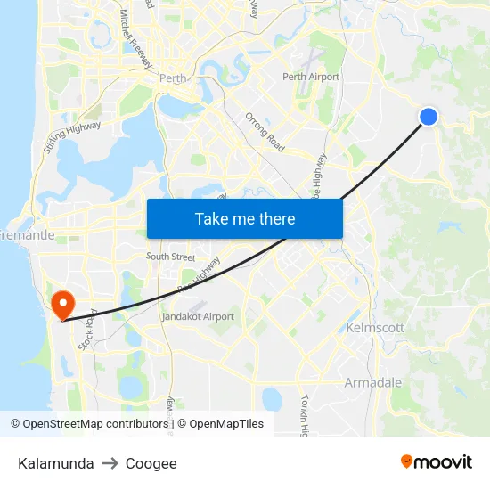 Kalamunda to Coogee map