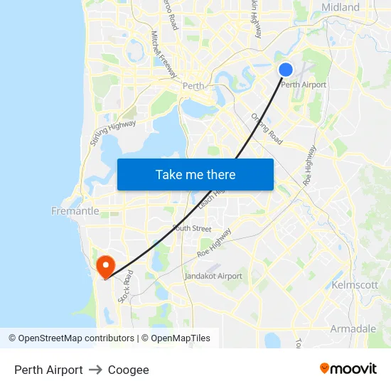 Perth Airport to Coogee map