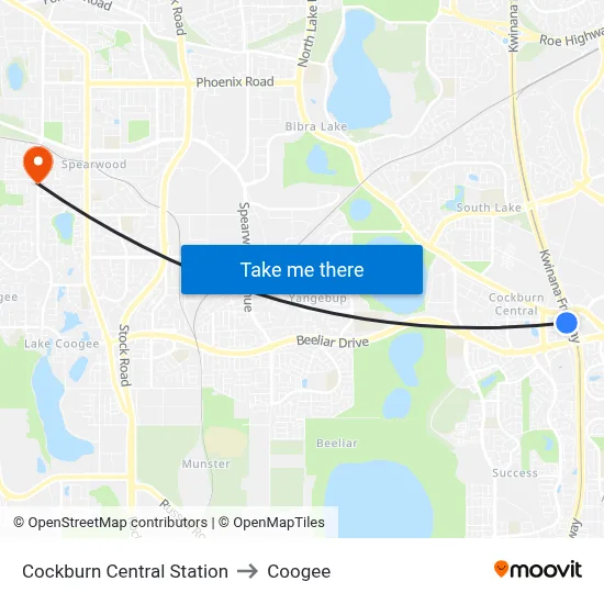 Cockburn Central Station to Coogee map