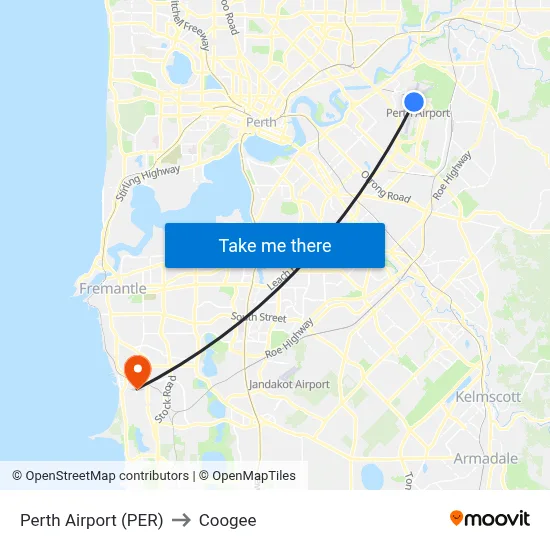 Perth Airport (PER) to Coogee map