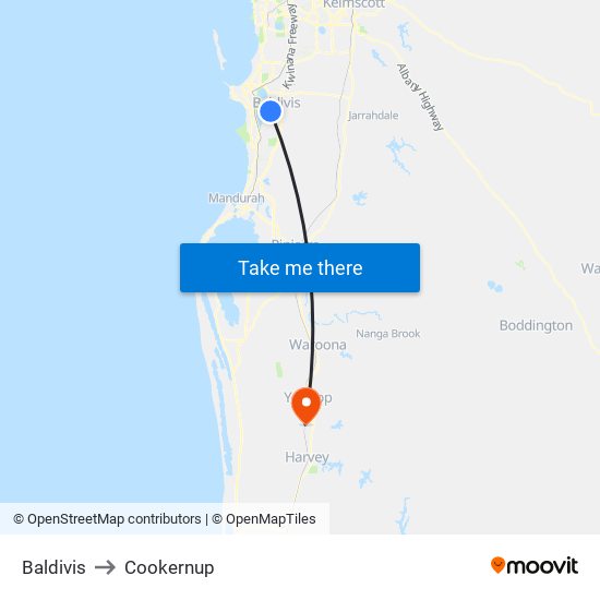 Baldivis to Cookernup map