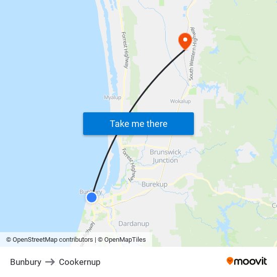 Bunbury to Cookernup map