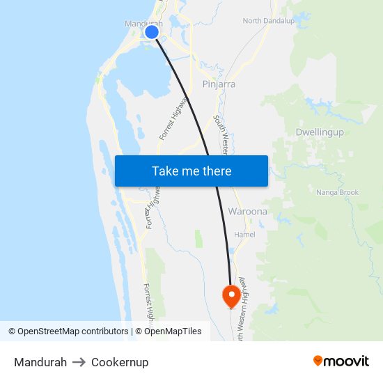 Mandurah to Cookernup map