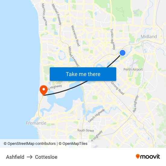 Ashfield to Cottesloe map