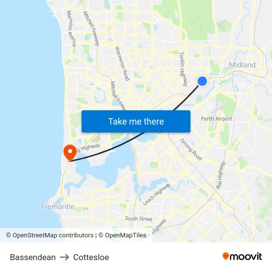 Bassendean to Cottesloe map