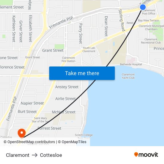 Claremont to Cottesloe map