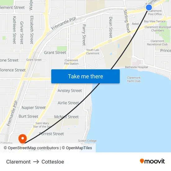 Claremont to Cottesloe map