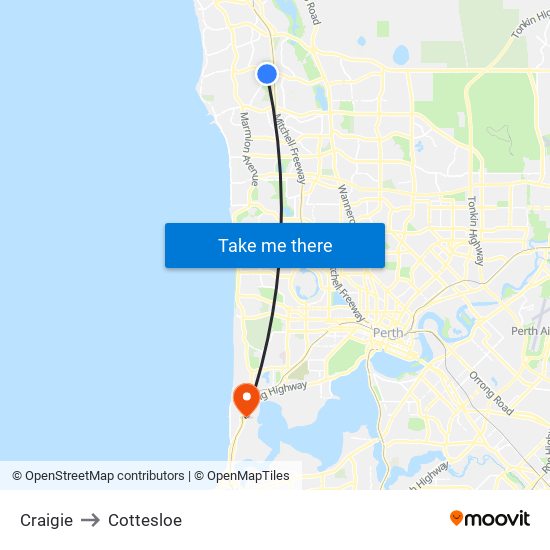 Craigie to Cottesloe map