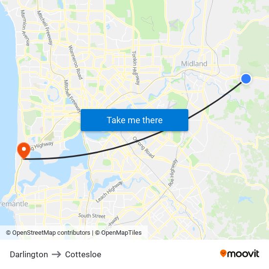 Darlington to Cottesloe map