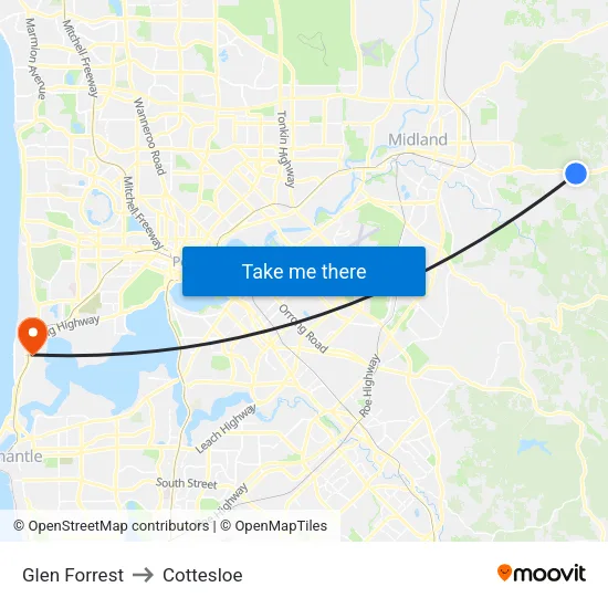 Glen Forrest to Cottesloe map
