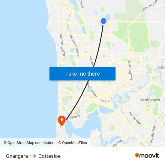 Gnangara to Cottesloe map