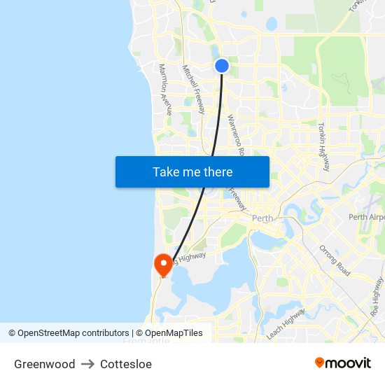 Greenwood to Cottesloe map