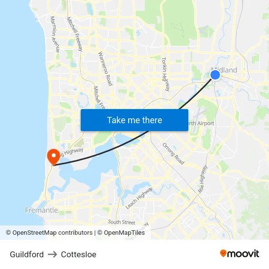Guildford to Cottesloe map