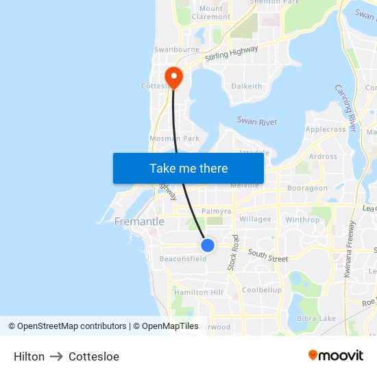 Hilton to Cottesloe map