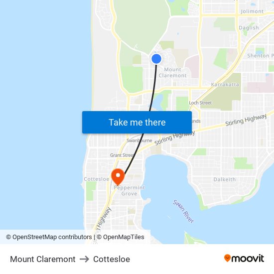 Mount Claremont to Cottesloe map