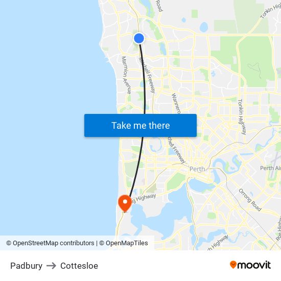 Padbury to Cottesloe map