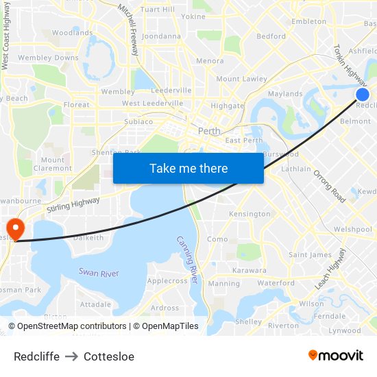 Redcliffe to Cottesloe map