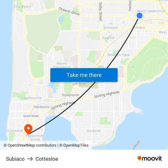 Subiaco to Cottesloe map