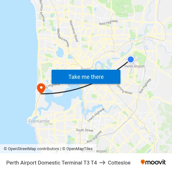 Perth Airport Domestic Terminal T3 T4 to Cottesloe map