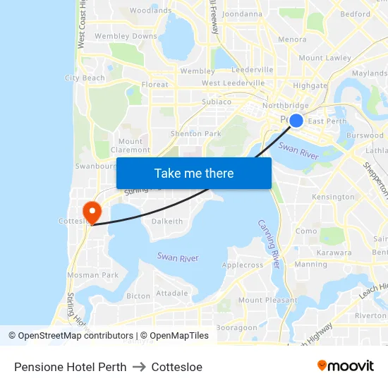 Pensione Hotel Perth to Cottesloe map