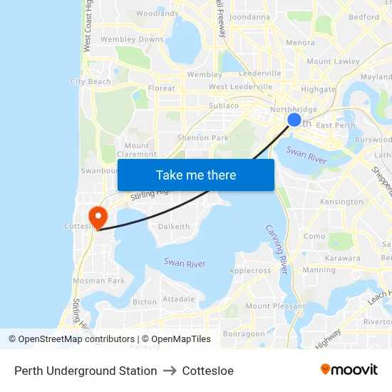 Perth Underground Station to Cottesloe map