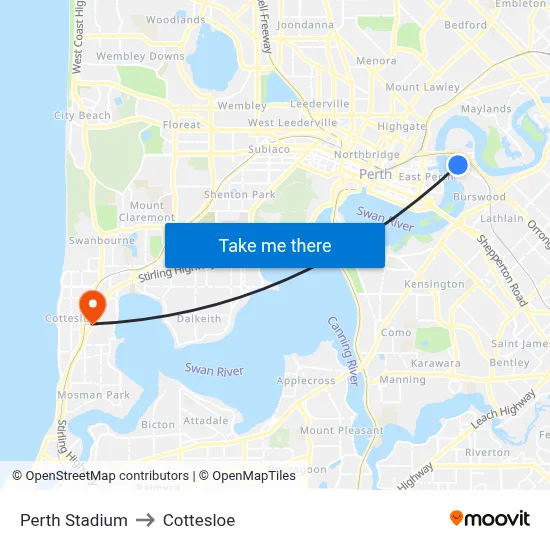 Perth Stadium to Cottesloe map
