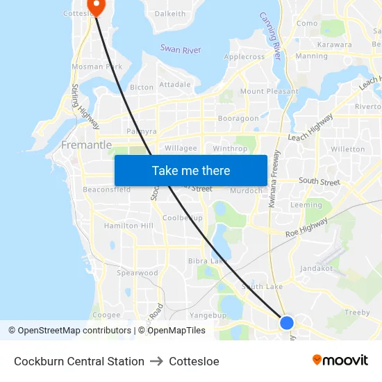 Cockburn Central Station to Cottesloe map