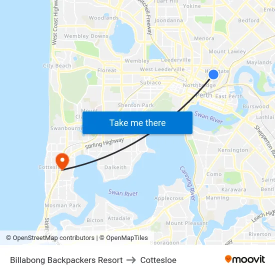 Billabong Backpackers Resort to Cottesloe map
