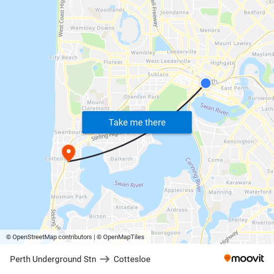 Perth Underground Stn to Cottesloe map