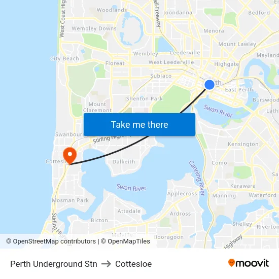 Perth Underground Stn to Cottesloe map