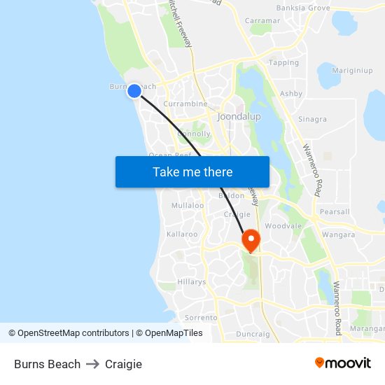 Burns Beach to Craigie map