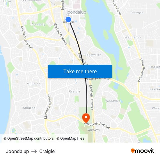 Joondalup to Craigie map