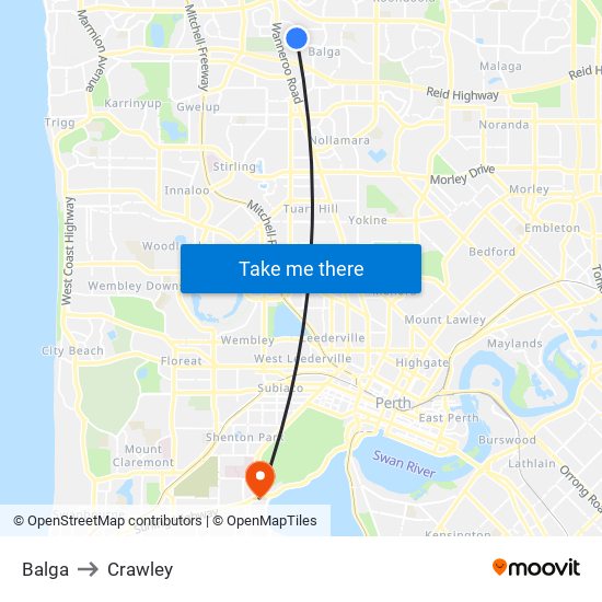 Balga to Crawley map