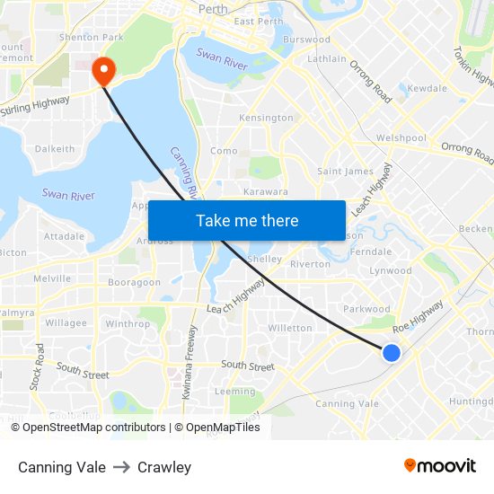 Canning Vale to Crawley map