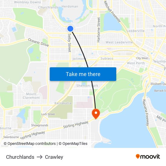 Churchlands to Crawley map