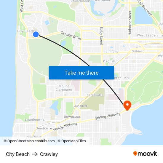 City Beach to Crawley map