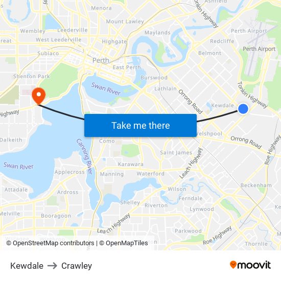 Kewdale to Crawley map