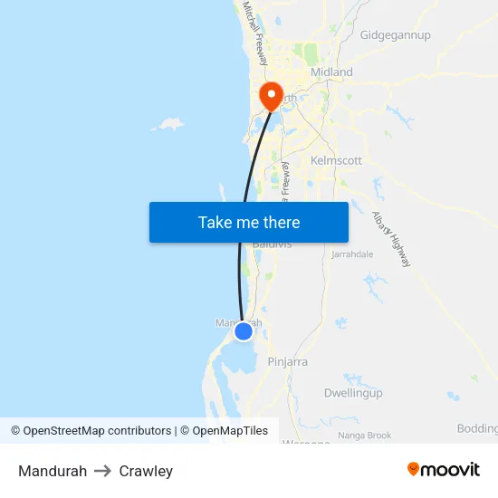 Mandurah to Crawley map