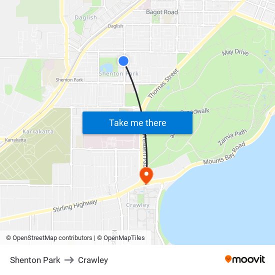 Shenton Park to Crawley map