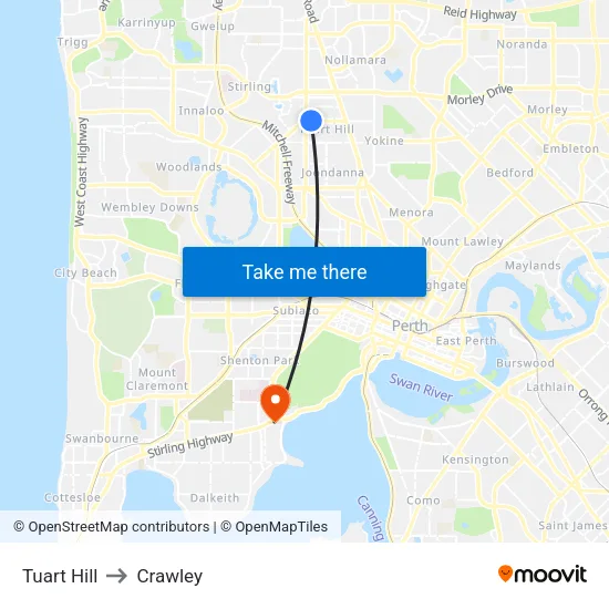 Tuart Hill to Crawley map