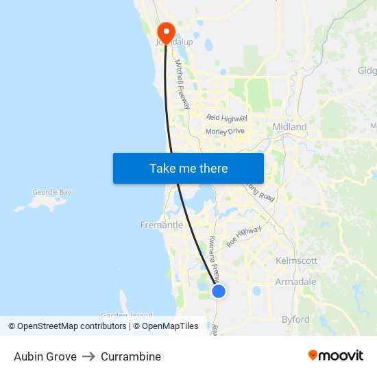 Aubin Grove to Currambine map