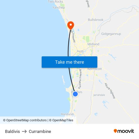 Baldivis to Currambine map