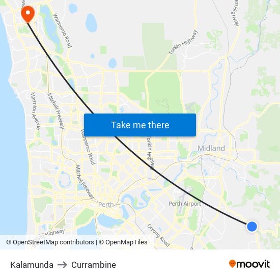 Kalamunda to Currambine map