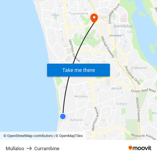 Mullaloo to Currambine map