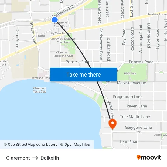Claremont to Dalkeith map