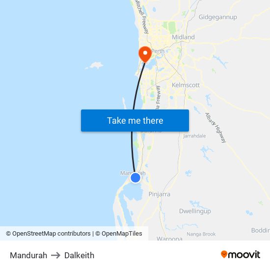 Mandurah to Dalkeith map